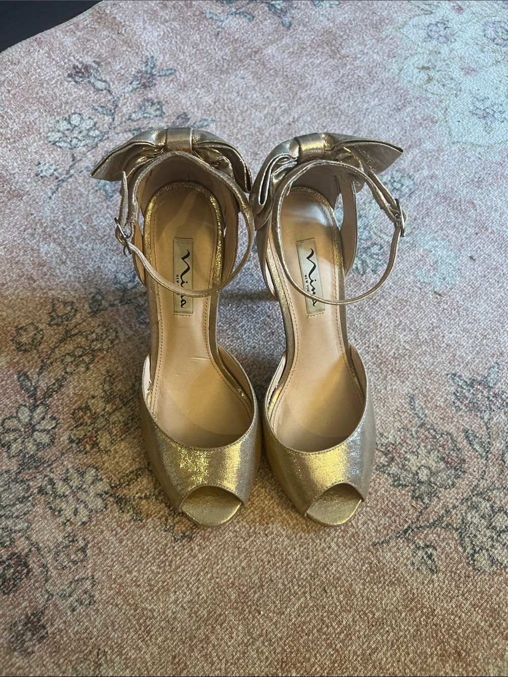 Nina Gold Metallic Peep-Toe Ankle Strap Heels